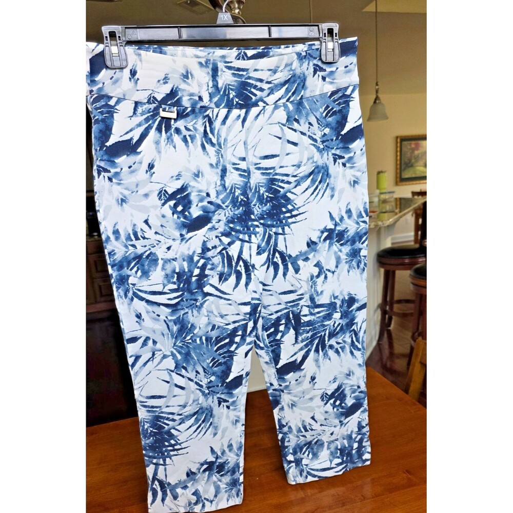 Peck & Peck Petite Womens Blue & White Print Stretch Capri Pants Sz 12P